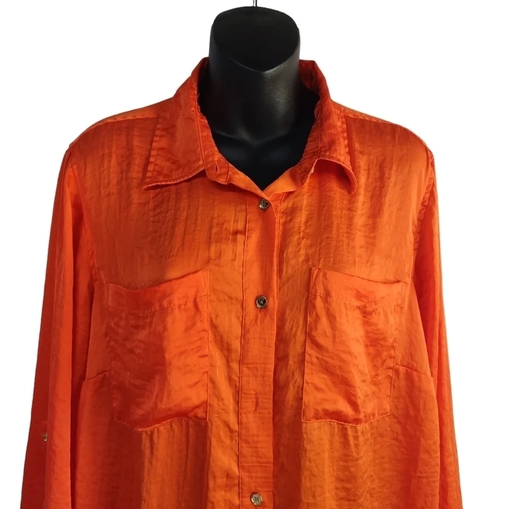 Michael Kors Women's Orange Roll-up Tan Sleeve Button Up Shirt Sz OX